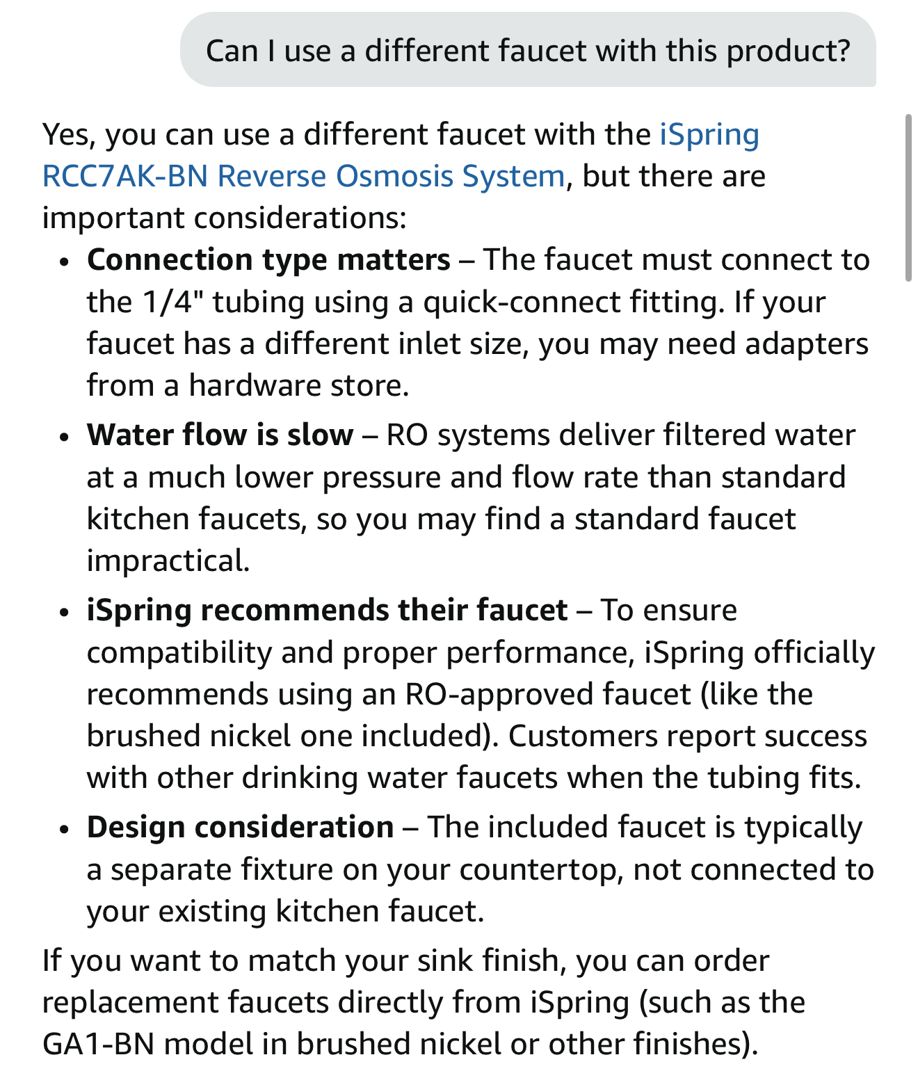 Screenshot showing the identical question "Can I use a different faucet with this product?" now answered in full, with four bullet points covering connection type, water flow, the manufacturer's recommendation, and design considerations.